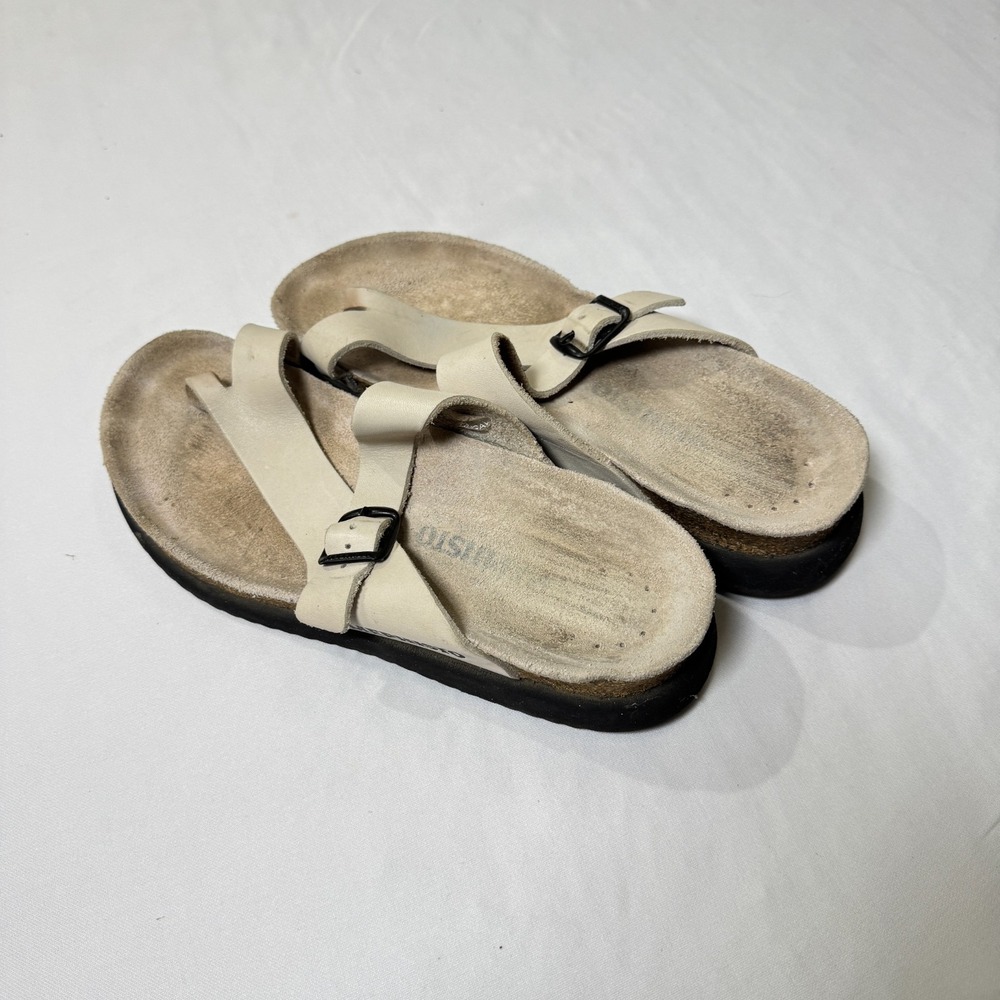 Mephisto Helen Sandals Womens US 8 EU 39 Beige Leather Wedge Toe Loop Flip Flop